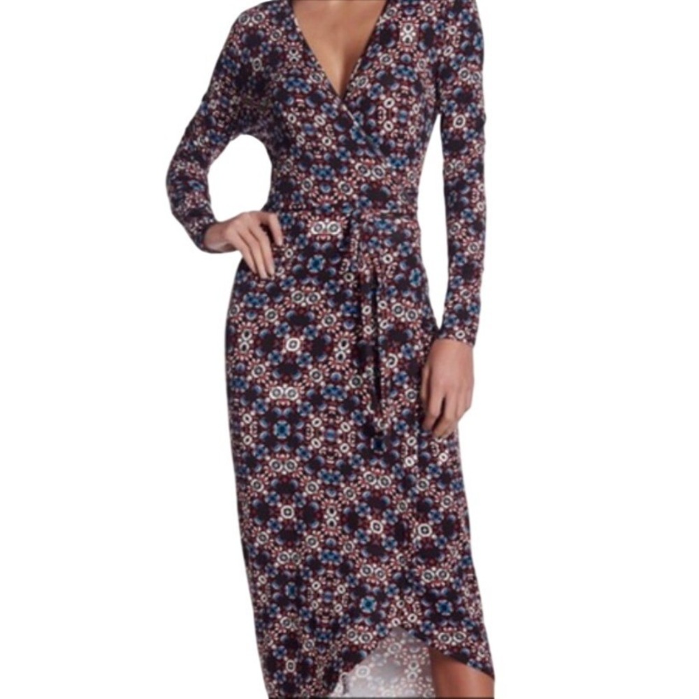Yumi Kim Wrap Dress Multicolor Womens‎ Large Geometric Floral Long Sleeve Midi